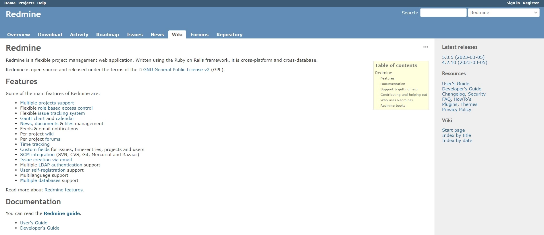 Αρχική σελίδα του Redmine - μια πλατφόρμα ανοικτού κώδικα που μπορεί να σας βοηθήσει να αυτοματοποιήσετε τις διαδικασίες και να βοηθήσετε στο σχεδιασμό εργασιών για να βελτιώσετε την αποδοτικότητα στην εταιρεία σας.
