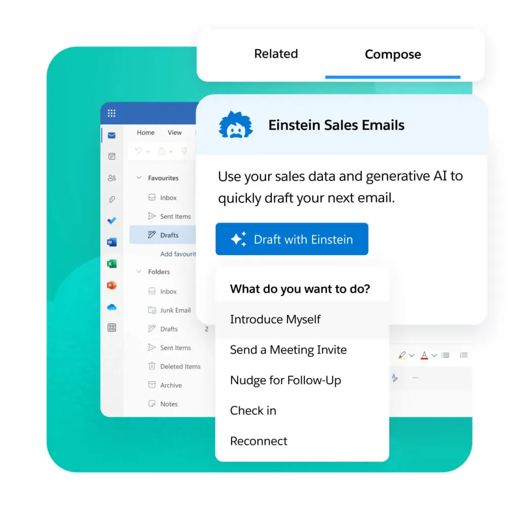 Διεπαφή Salesforce Einstein Sales Emails που δείχνει επιλογές αυτοματοποιημένης σύνταξης ηλεκτρονικού ταχυδρομείου που λειτουργούν με τεχνητή νοημοσύνη.