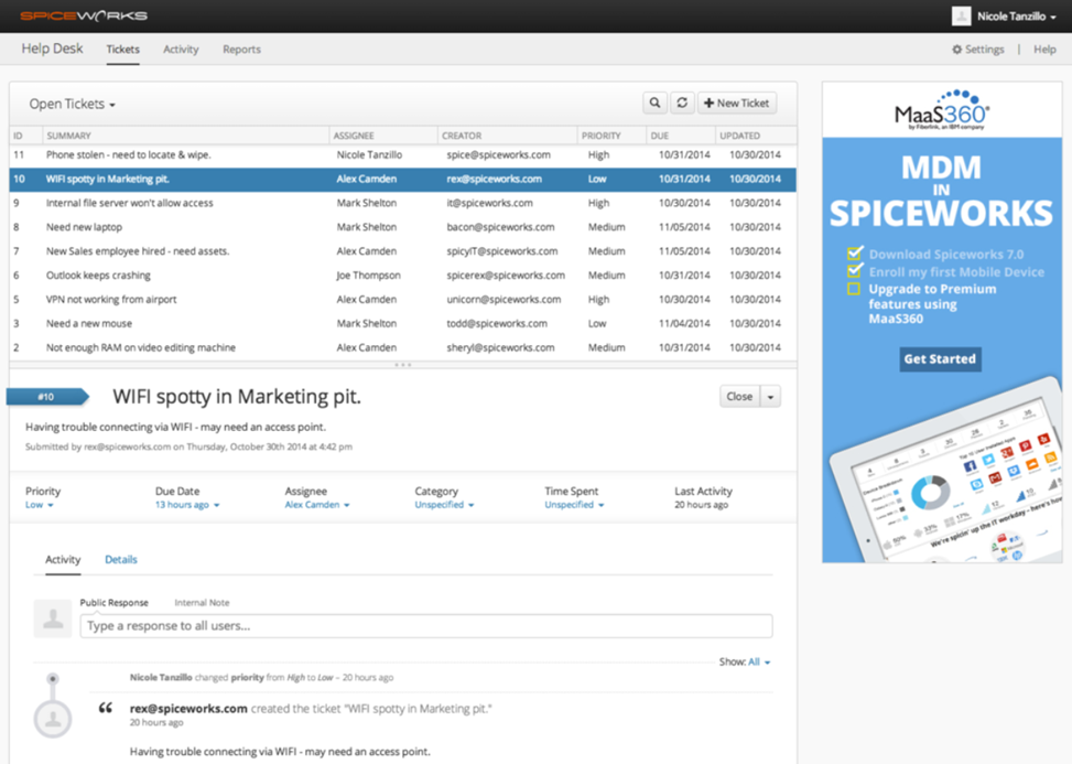 Λίστα αιτημάτων Spiceworks Cloud Help Desk με υποβολές από πύλη χρήστη