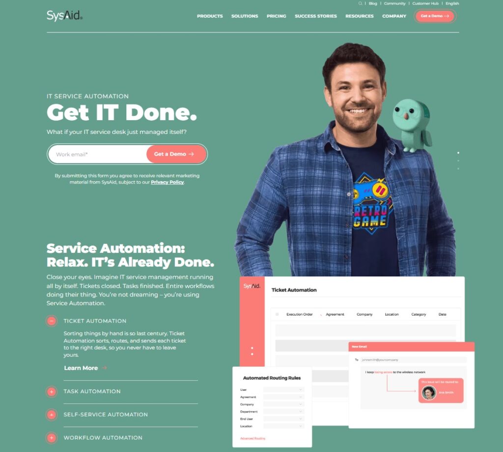 Image of SysAid's home page - all-in-one service management software for IT professionals