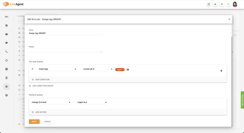 Δημιουργία κανόνα SLA έκτακτης ανάγκης στο LiveAgent
