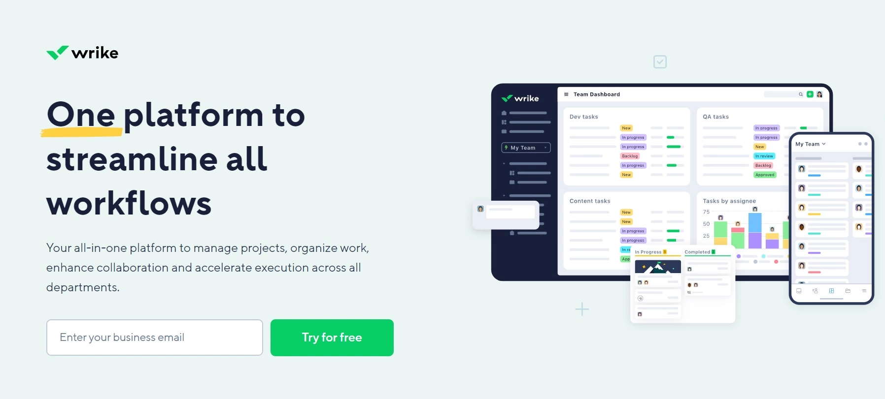 Αρχική σελίδα του Wrike - μια ολοκληρωμένη πλατφόρμα για τη διαχείριση έργων, την οργάνωση της εργασίας και την ενίσχυση της συνεργασίας σε όλα τα τμήματα.