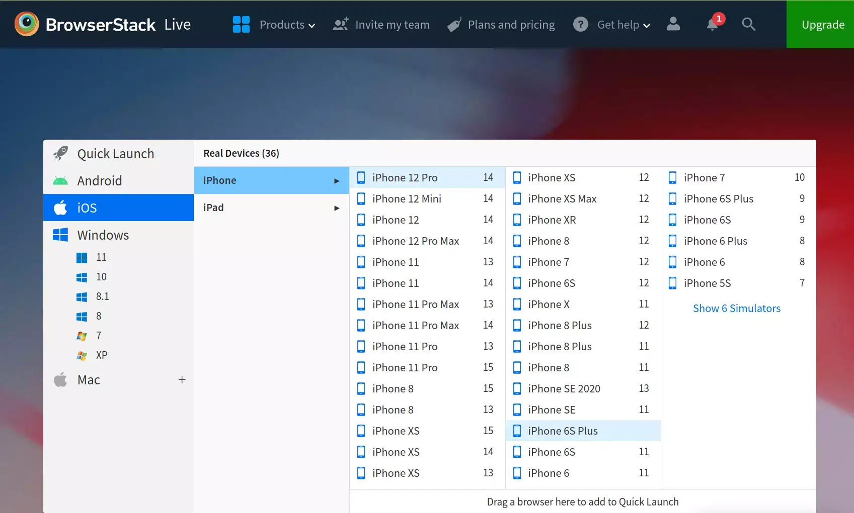 Το BrowserStack προσομοιώνει πολλές πλατφόρμες κινητών και εκδόσεις λειτουργικών συστημάτων