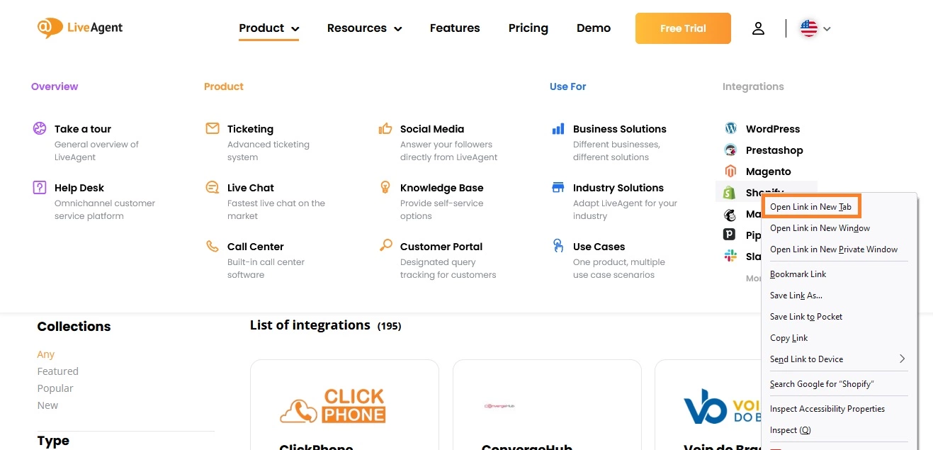 Παράδειγμα νέας καρτέλας στη σελίδα LiveAgent