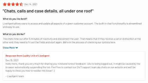 LiveAgent response to review on review portal