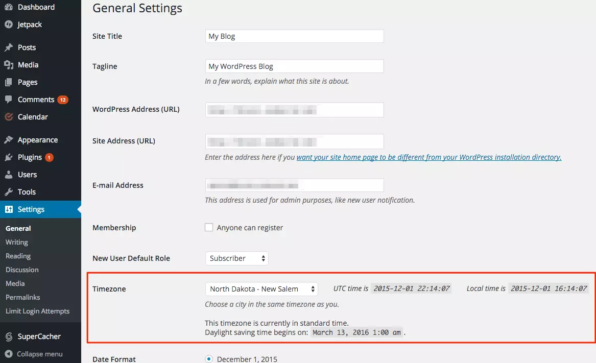 Ρυθμίσεις ζώνης ώρας WordPress