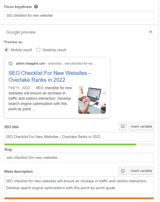 LiveAgent - παράδειγμα λέξης-κλειδί, τίτλου SEO και περιγραφής meta