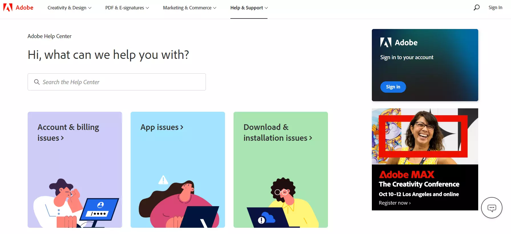 Σελίδα προσγείωσης βάσης γνώσης Adobe, που δείχνει το σύστημα διαχείρισης γνώσης τους.