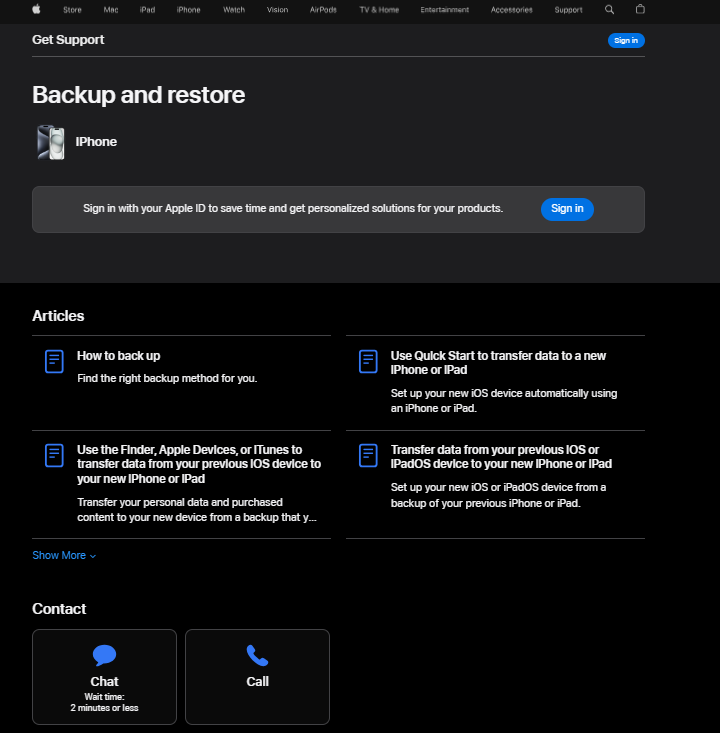 Σελίδα υποστήριξης Apple που εμφανίζει τις επιλογές υποστήριξης τους