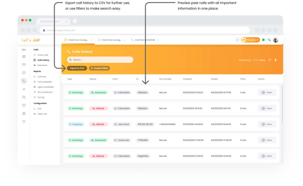 Call history feature in LiveAgent Call Center