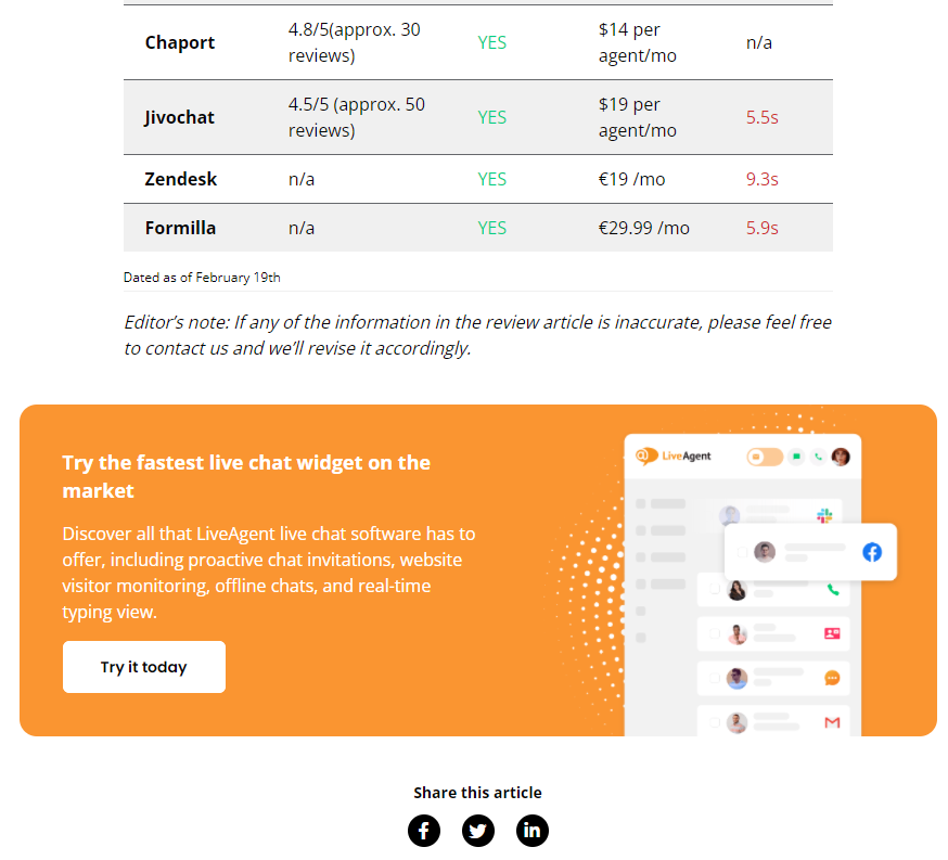 Κουμπί CTA τέλους περιεχομένου του LiveAgent