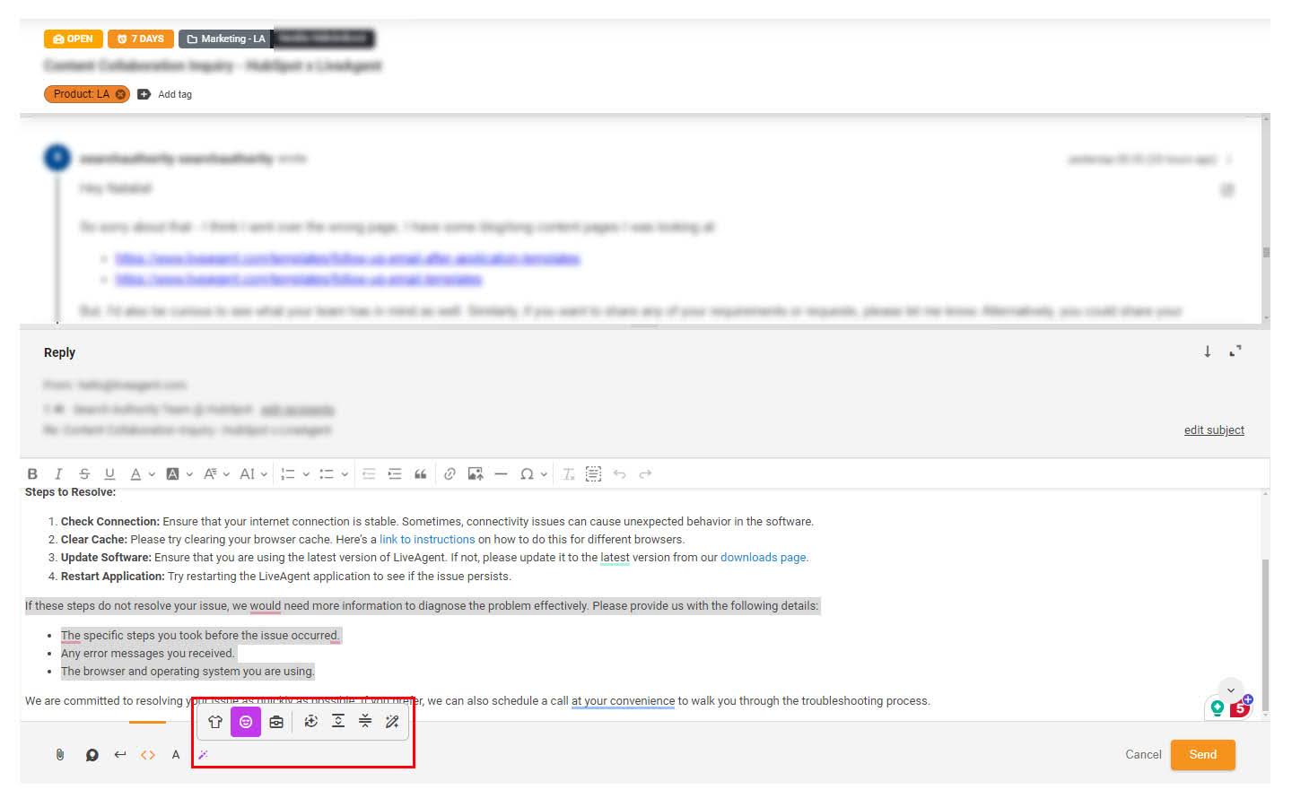 Εικόνα της επισημασμένης δυνατότητας AI Assistant στο εισιτήριο υποστήριξης