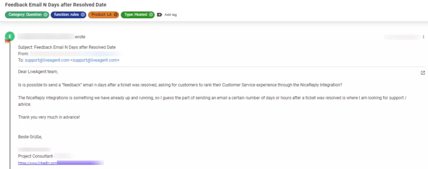 Στιγμιότυπο ενός εισιτηρίου που δείχνει ένα ζήτημα πελάτη που θεωρείται χαμηλή προτεραιότητα.