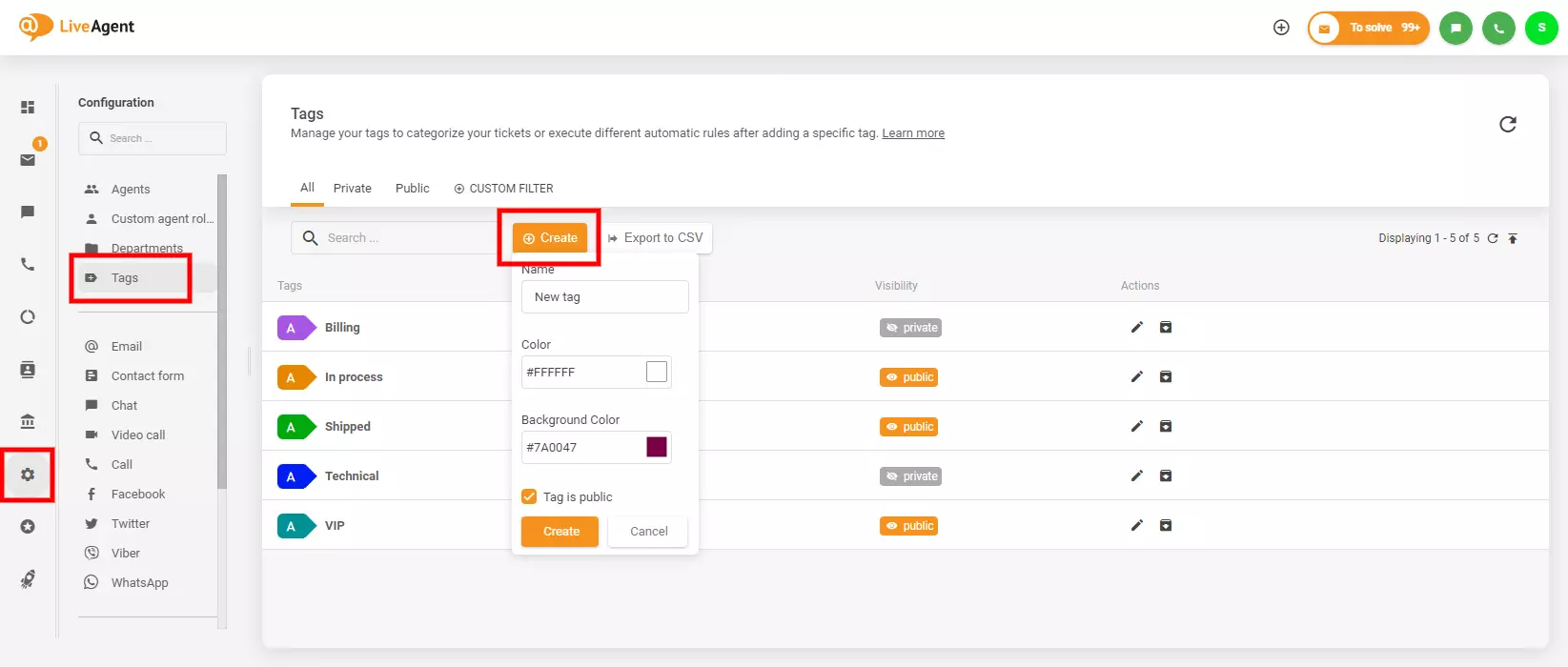 Η εικόνα δείχνει πού να βρείτε και να δημιουργήσετε ετικέτες στο LiveAgent