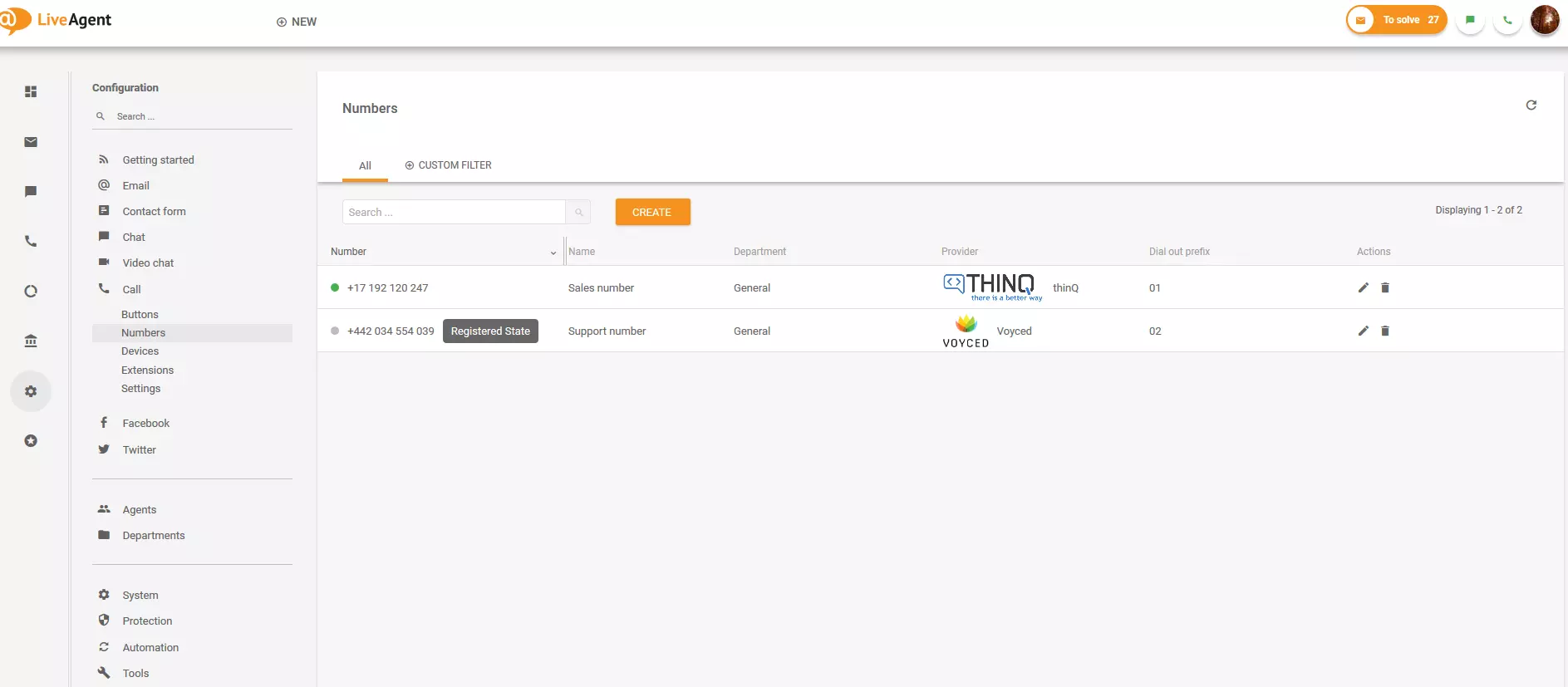Numbers section in LiveAgent