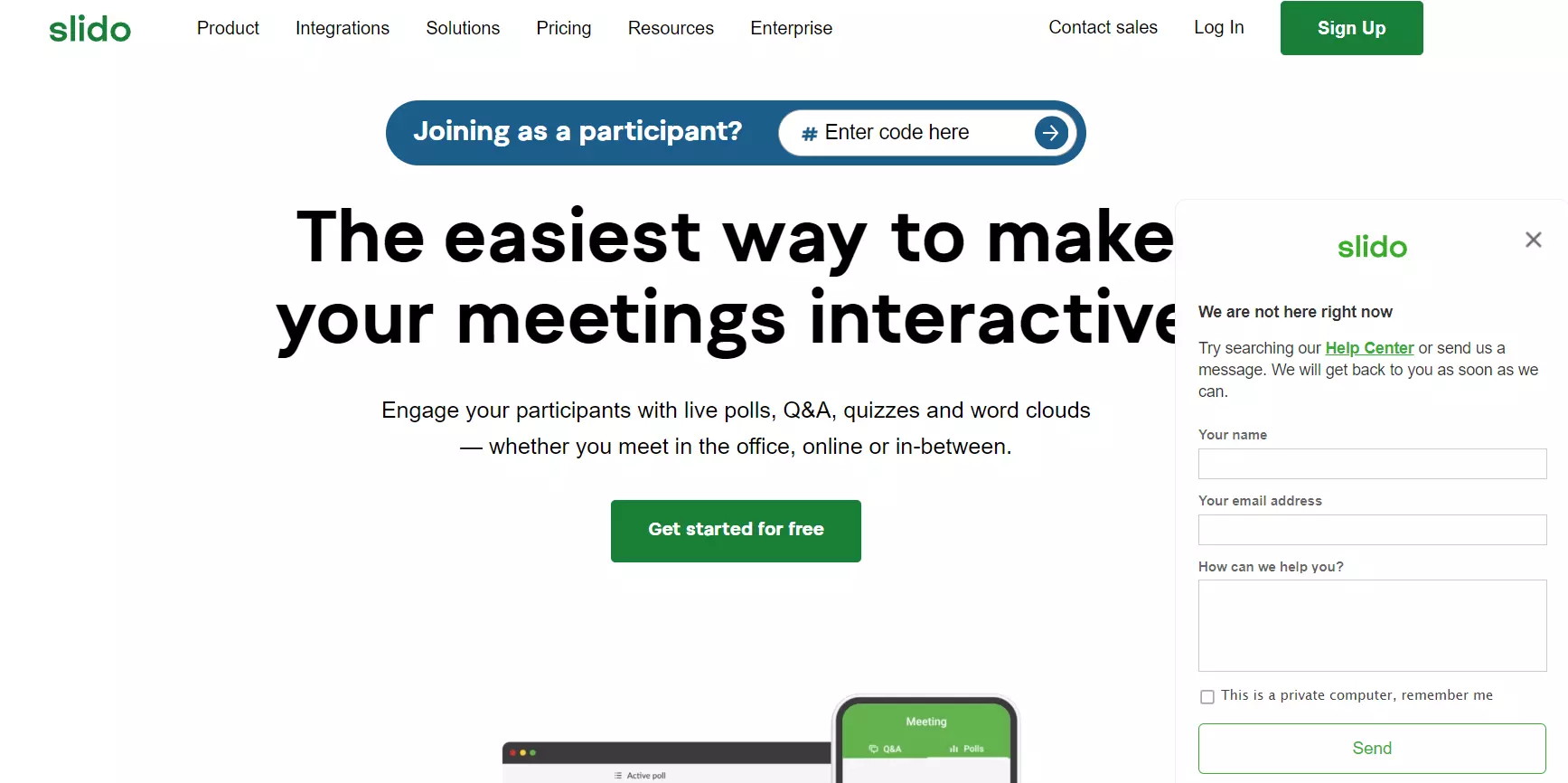 Αρχική σελίδα Slido με το chatbox τους