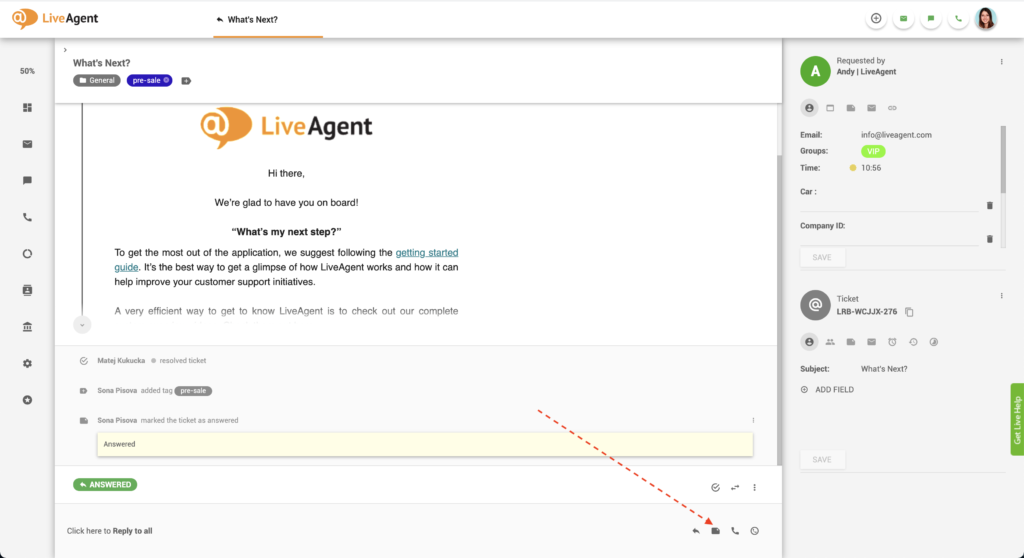 Κουμπί προσθήκης σημείωσης στο LiveAgent