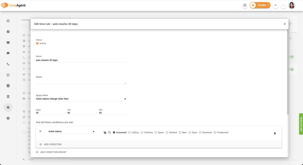 Επεξεργασία κανόνα χρόνου στο LiveAgent