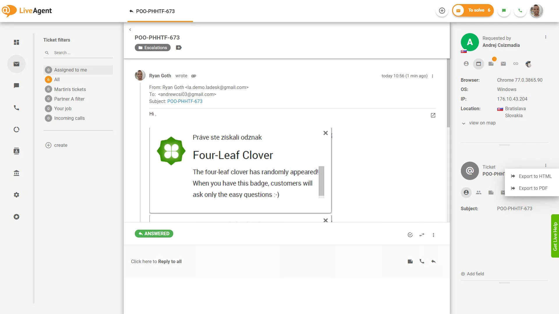 Η δυνατότητα εξαγωγής εισιτηρίου, που επιτρέπει εξαγωγές σε μορφές HTML και PDF