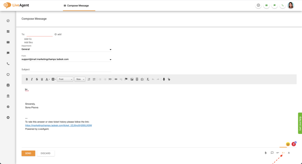 Κουμπί επεξεργαστή HTML στο LiveAgent