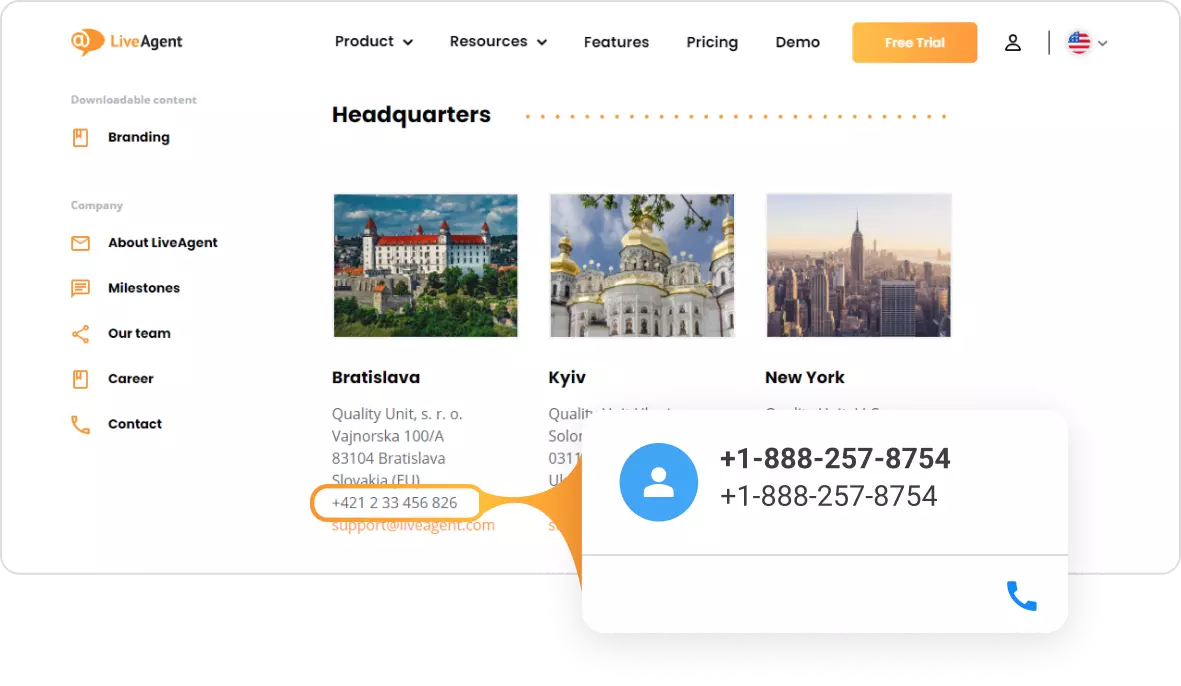 Κάρτα επαφής Click to call του LiveAgent