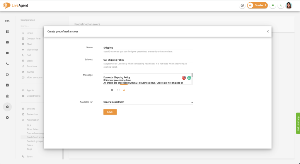 Predefined answers setup in LiveAgent