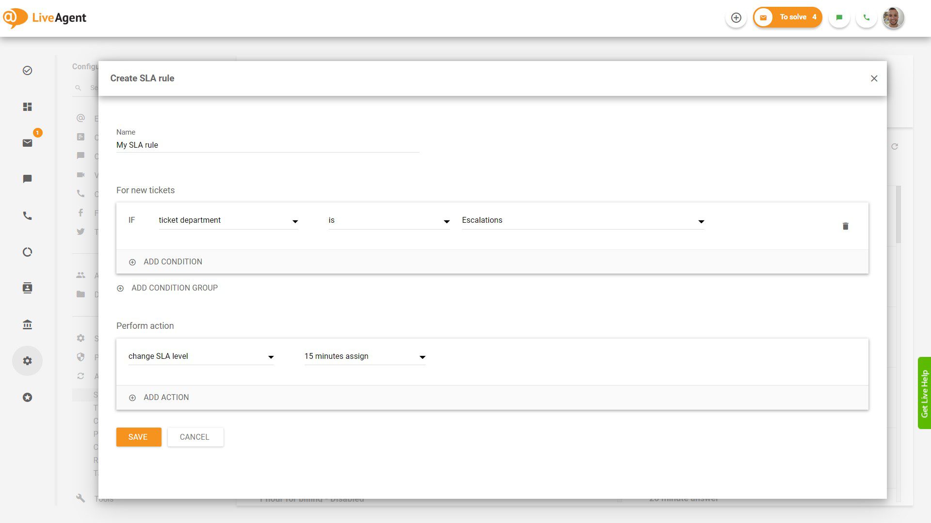 Δημιουργία κανόνα SLA στο LiveAgent