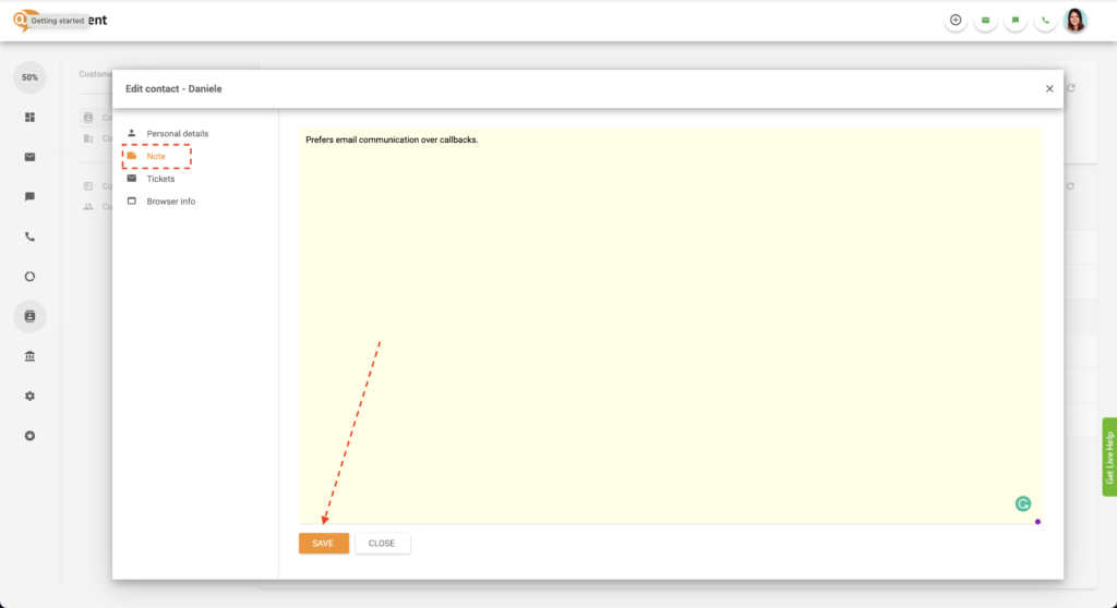 Αποθήκευση σημείωσης επαφής στο LiveAgent