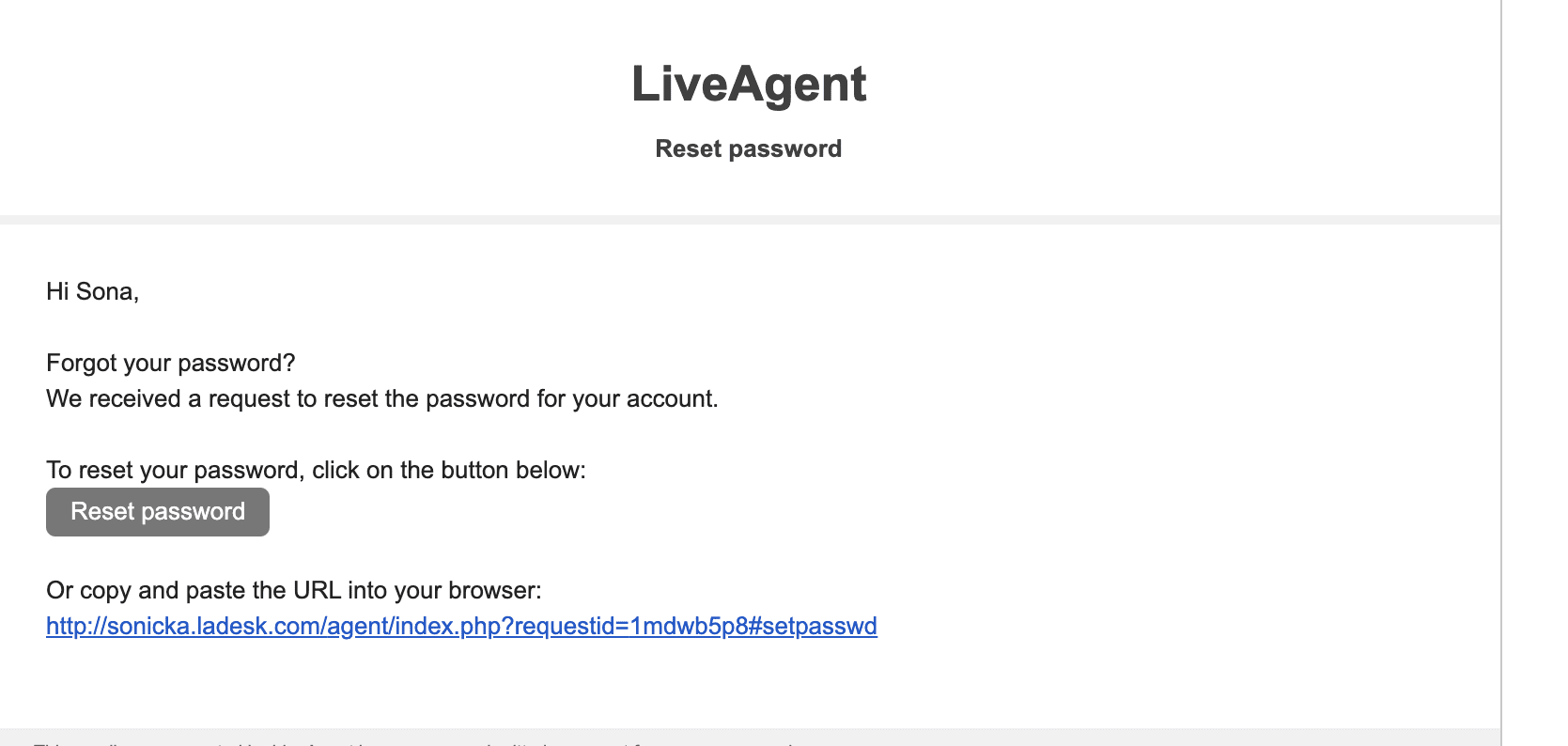 Email επαναφοράς κωδικού πρόσβασης LiveAgent