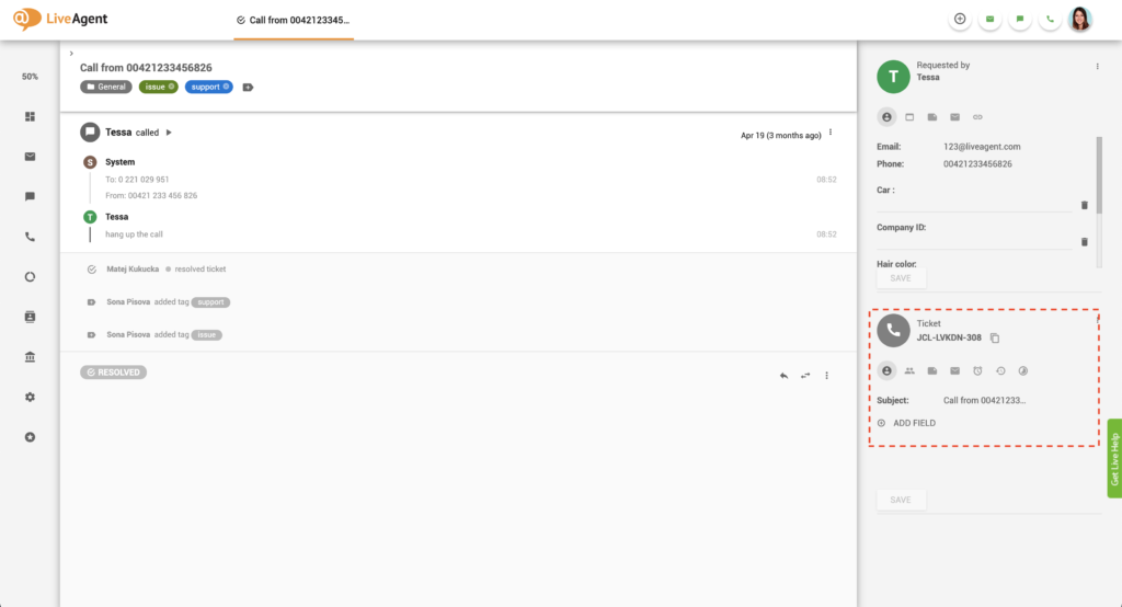 Πάνελ πληροφοριών εισιτηρίου στο LiveAgent