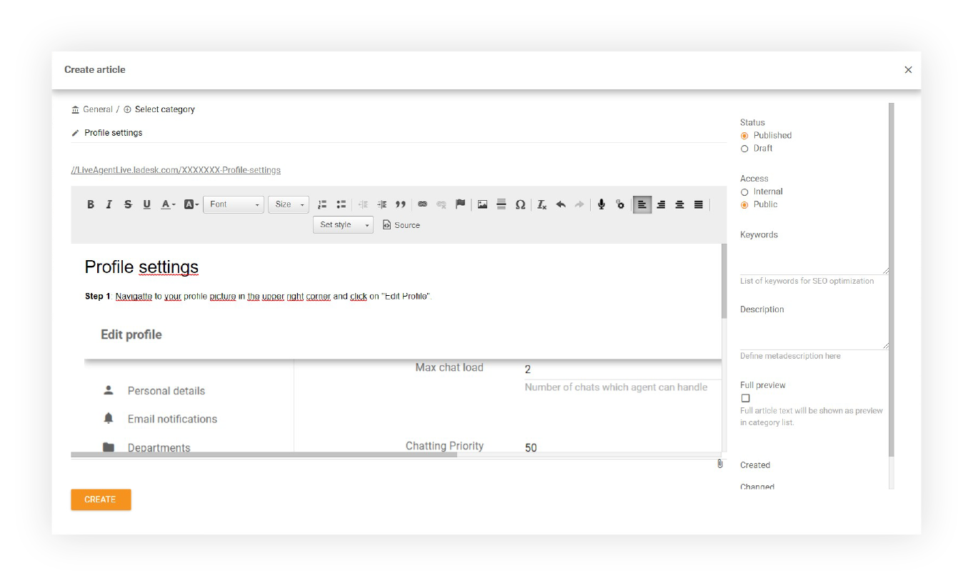 LiveAgent's WYSIWYG editor for articles