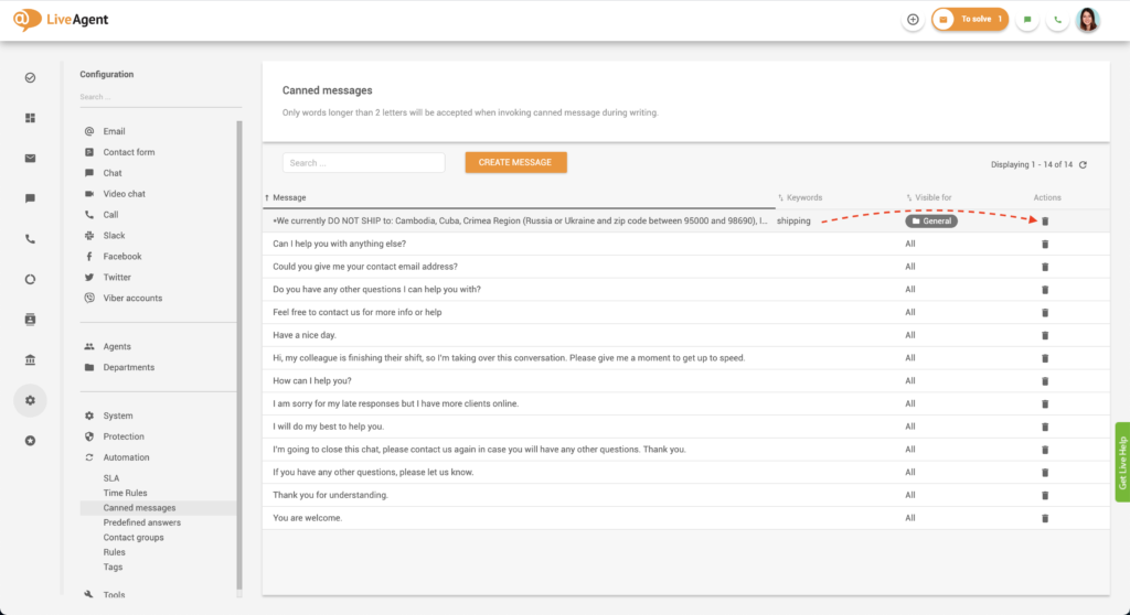 Διαγραφή προκατασκευασμένου μηνύματος