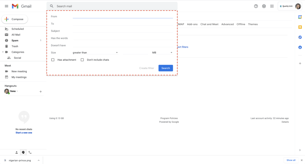 Παράδειγμα φιλτραρίσματος spam του Gmail 2