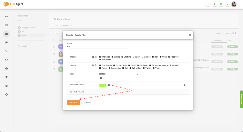 Προσθήκη φίλτρου VIP εισιτηρίου LiveAgent