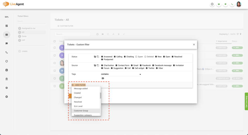 Προσθήκη φίλτρου πελάτη LiveAgent