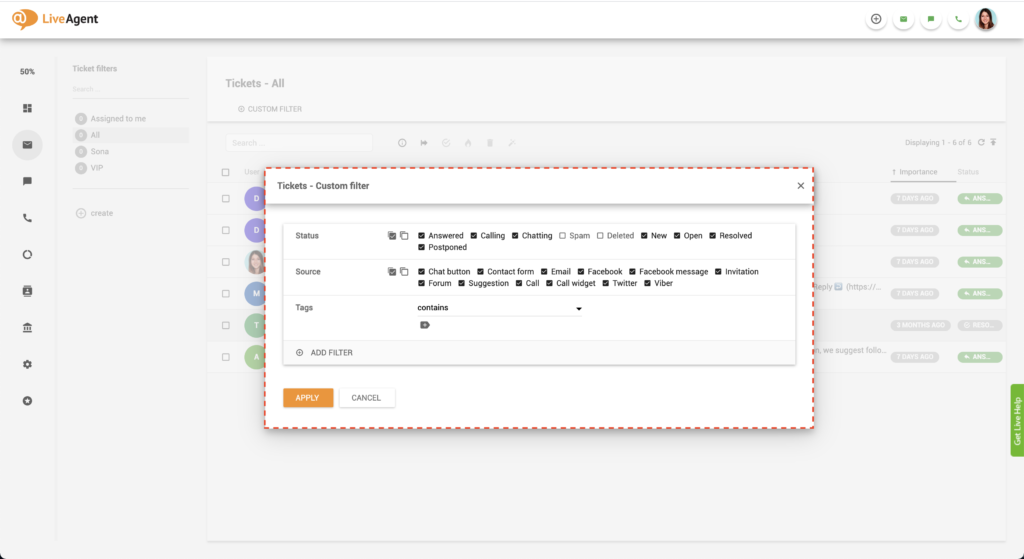 Επιλογή φίλτρου LiveAgent
