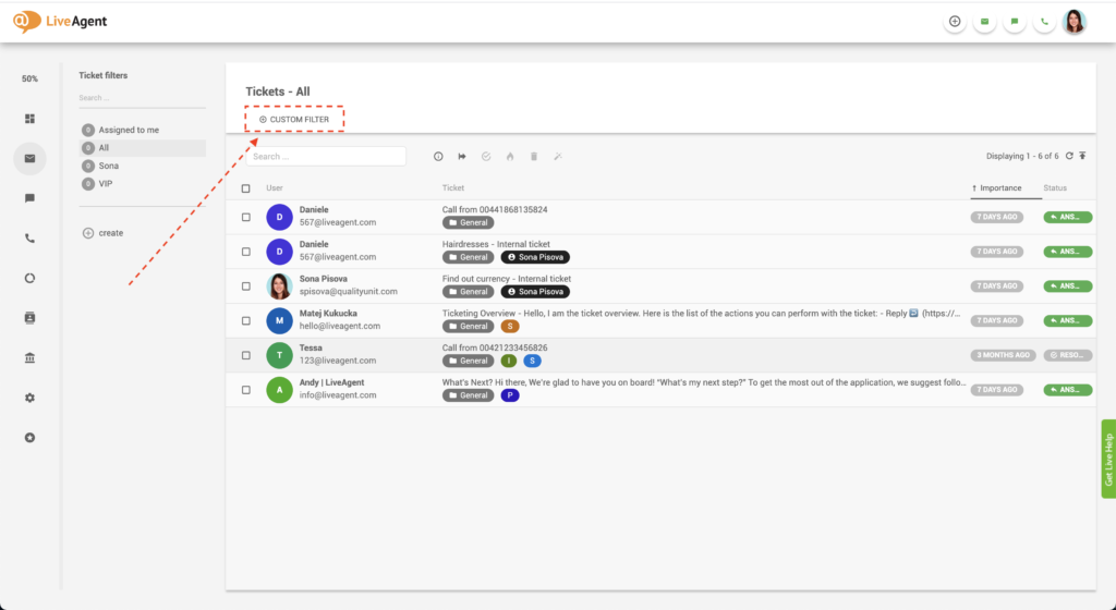 Προσαρμοσμένο φίλτρο LiveAgent