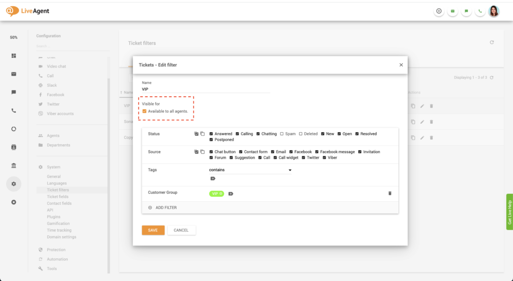Επεξεργασία παγκόσμιου φίλτρου LiveAgent