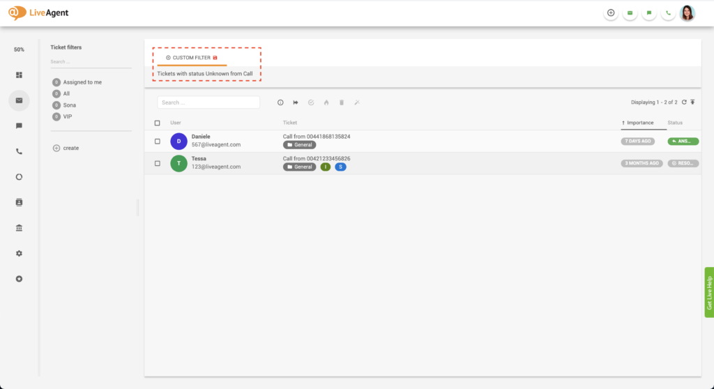Φιλτραρισμένα εισιτήρια LiveAgent