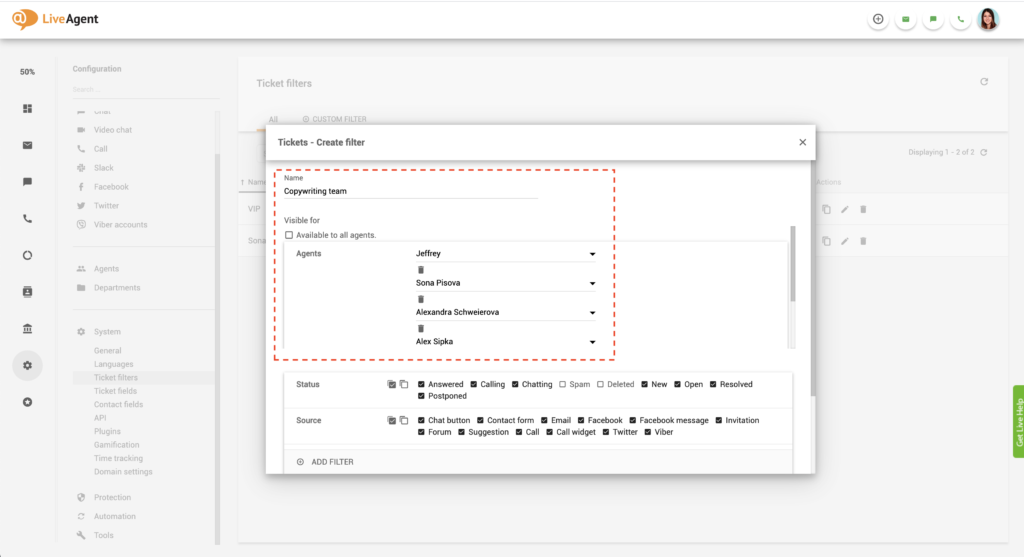 Παγκόσμιο φίλτρο LiveAgent