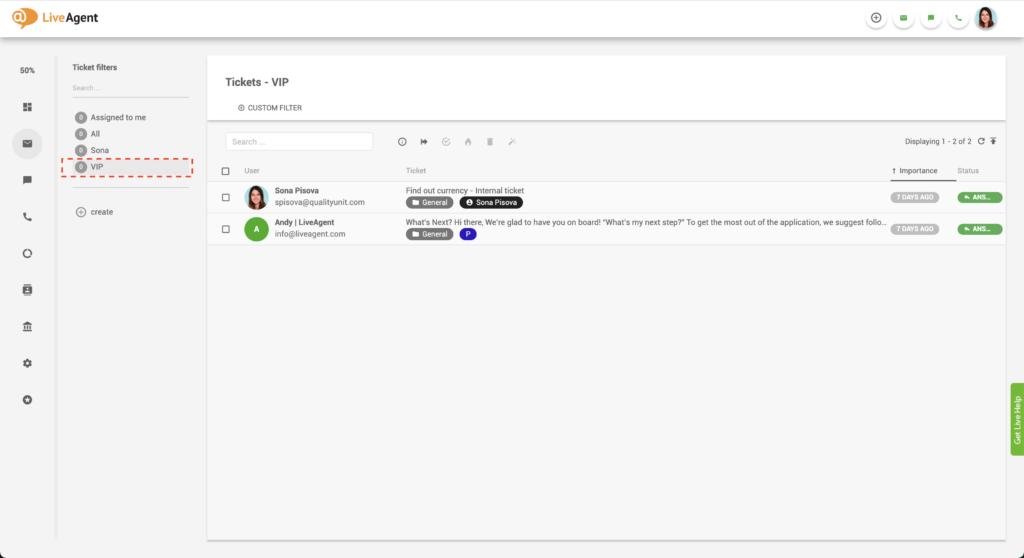 Φίλτρο VIP εισιτηρίου LiveAgent