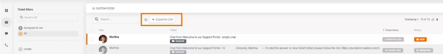 Η εξαγωγή CSV στο σύστημα εισιτηρίων του LiveAgent