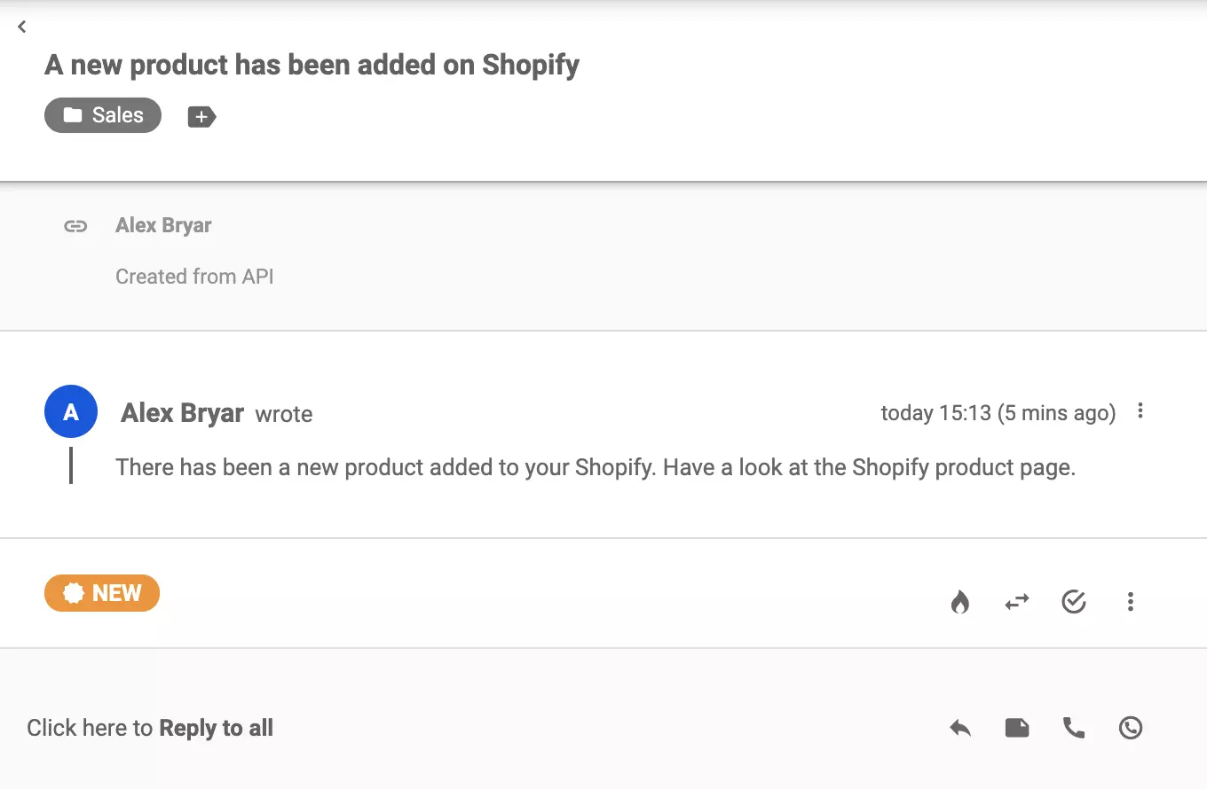 Ένα νέο εισιτήριο που έχει σταλεί από το Shopify μετά τη δημιουργία ενός προϊόντος