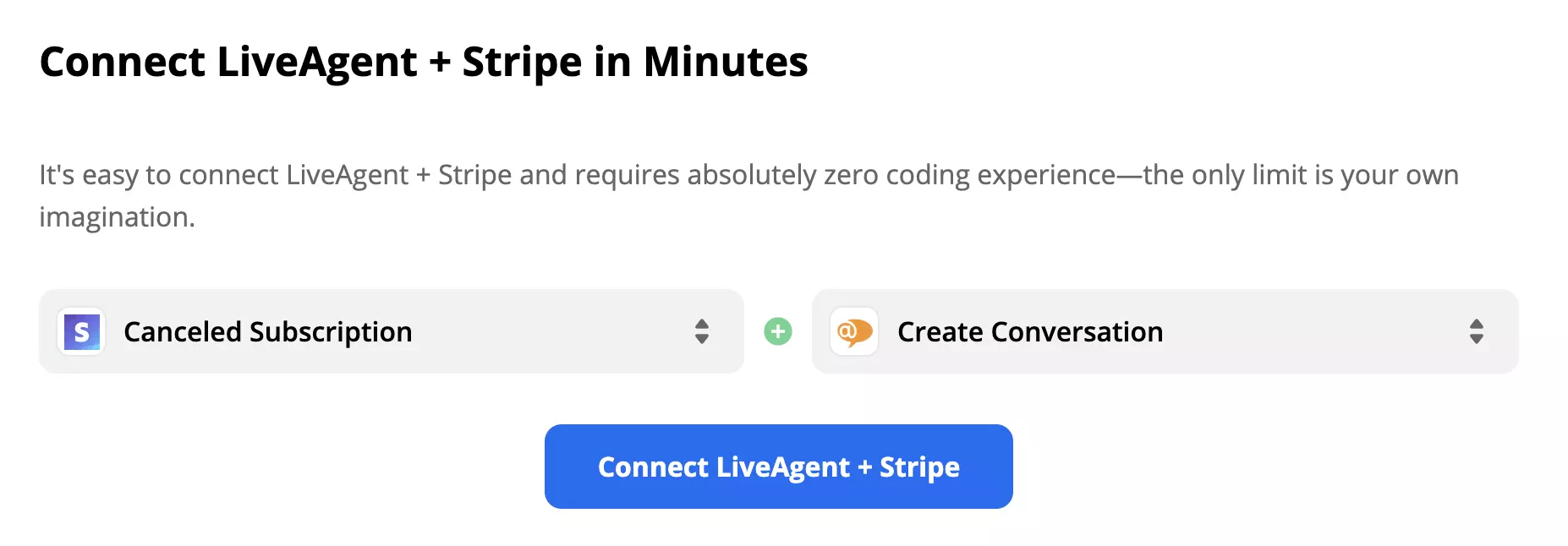 Example of a selected Stripe trigger and LiveAgent action