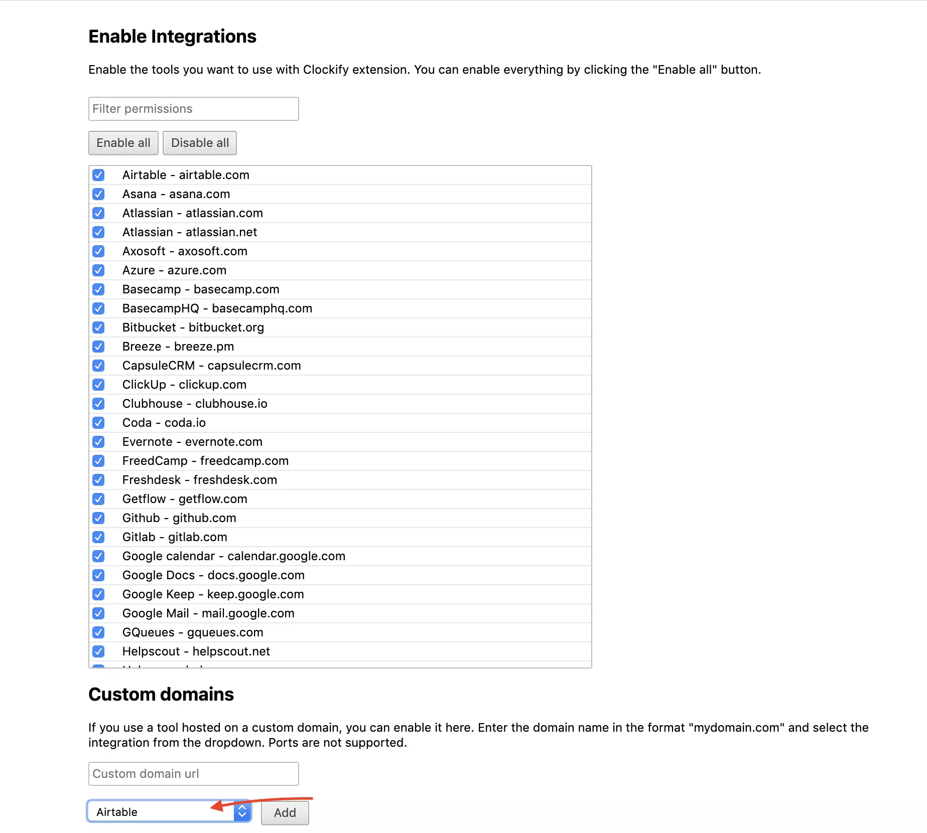 Επιλογή ενσωμάτωσης Clockify