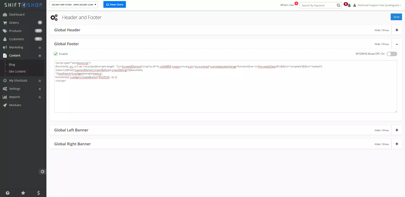 Ρυθμίσεις Shift4Shop με επιλογή προσαρμογής κώδικα