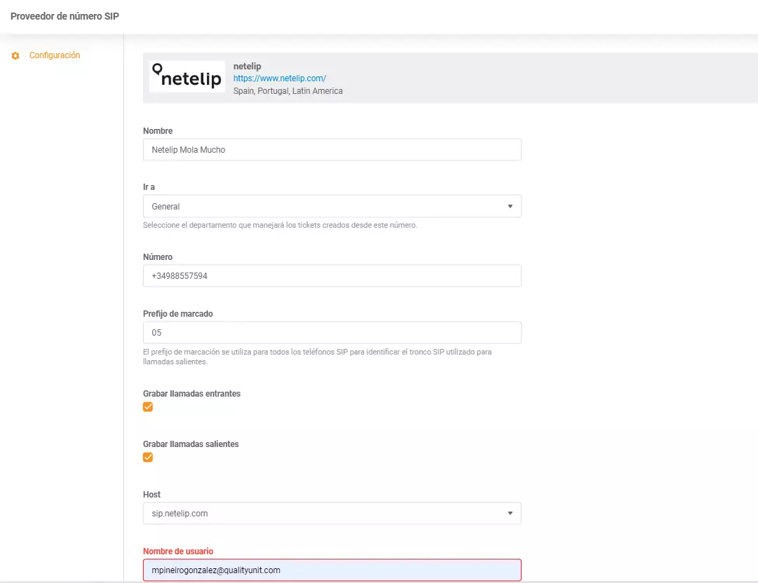 Διαπιστευτήρια ενσωμάτωσης Netelip LiveAgent