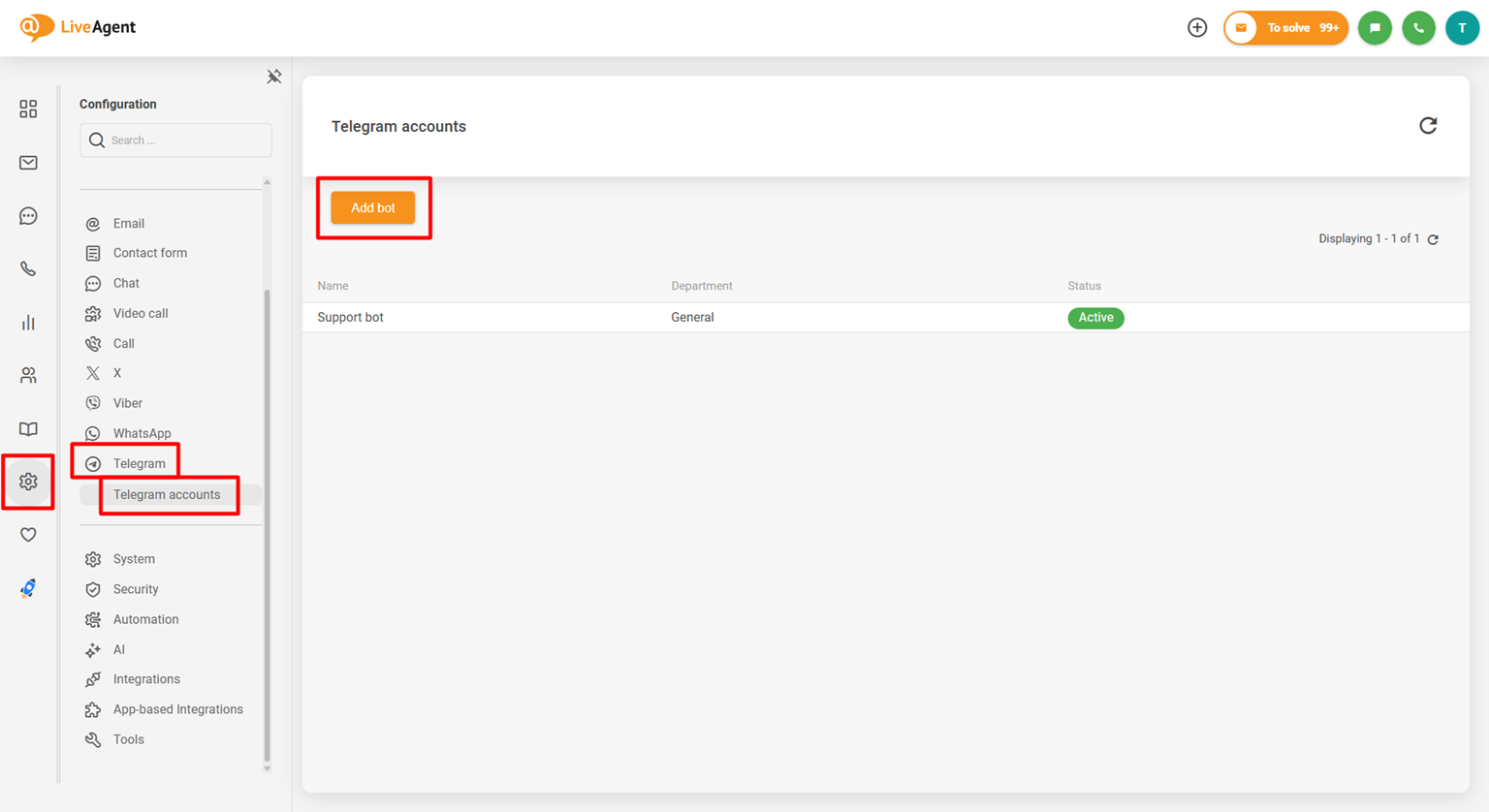 Screenshot of LiveAgent Telegram integration configuration panel showing Add bot button