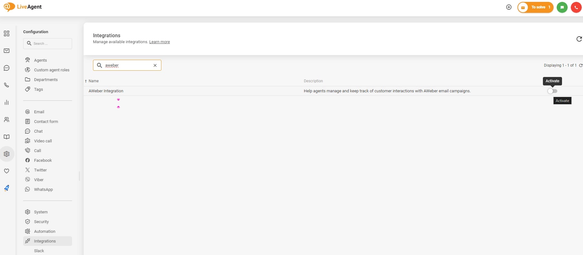Ενεργοποίηση ενσωμάτωσης AWeber στο LiveAgent