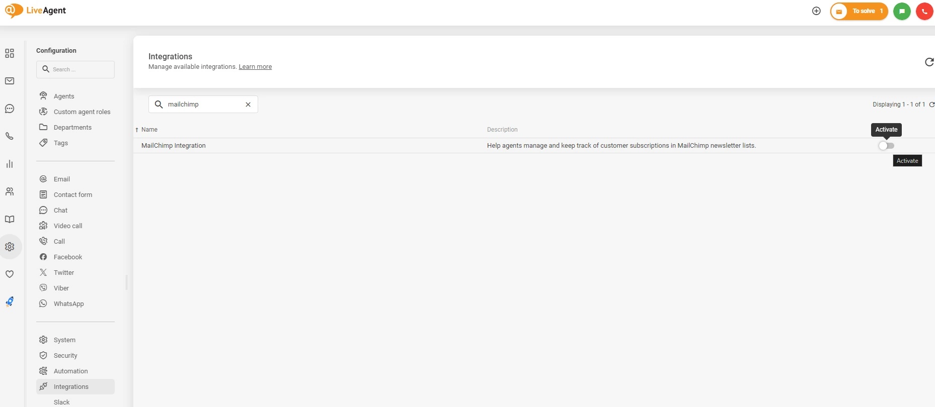 Ενεργοποίηση ολοκλήρωσης Mailchimp στο LiveAgent